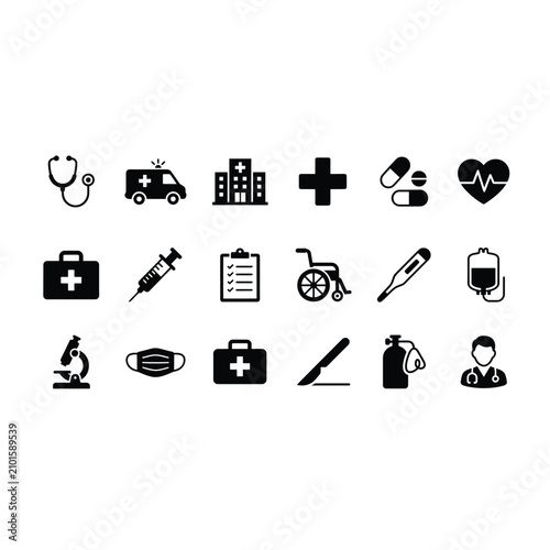 Collection of medical icons representing healthcare, emergency, and treatment.