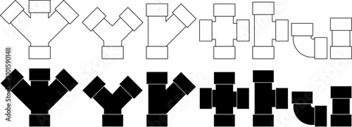 Принти на полотні Vector icon set of plumbing pipe fittings including Y-branch, tee, elbow, reducer, coupling and connector  in outline and silhouette