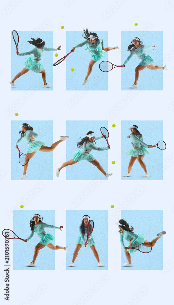Fototapeta premium Female tennis player collection in dynamic action poses isolated for sports design. Concept of sports advertising, tournament promotion, athletic branding, poster layouts, and summer sport marketing.