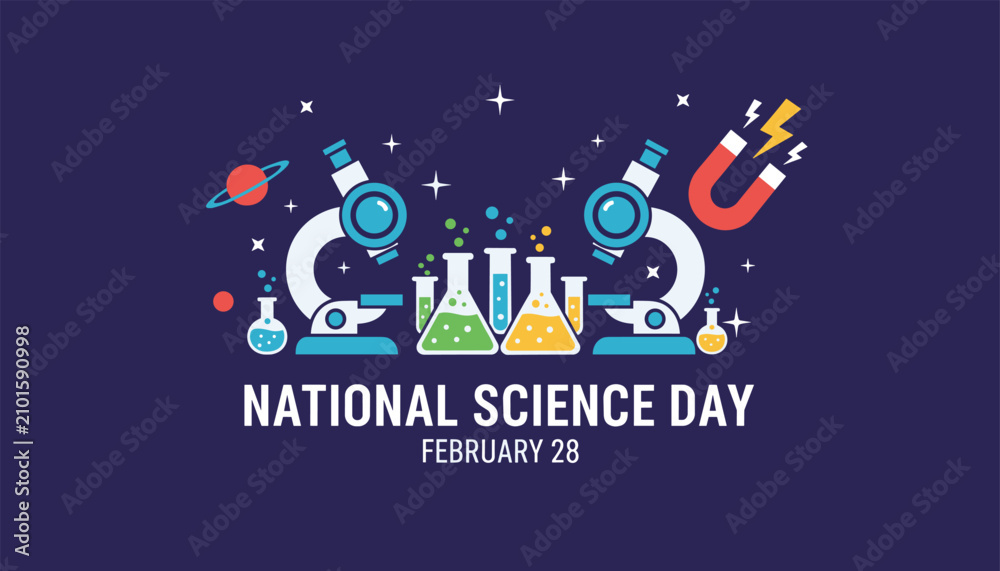 Naklejka premium Creative educational graphic celebrating national science day with microscopes, beakers, magnets, and planets.