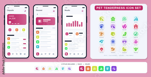 Pet tenderness icon set with pink ui mobile app screens for deposits and discover sections financial app design elements featuring animal love symbols.