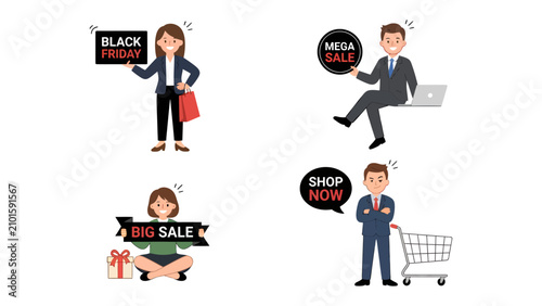 Bild auf Leinwand Black Friday and Big Sale Promotion: A collection of illustrations showcasing people promoting Black Friday, Mega Sale, and Big Sale events with shopping bags, laptops, and shopping carts