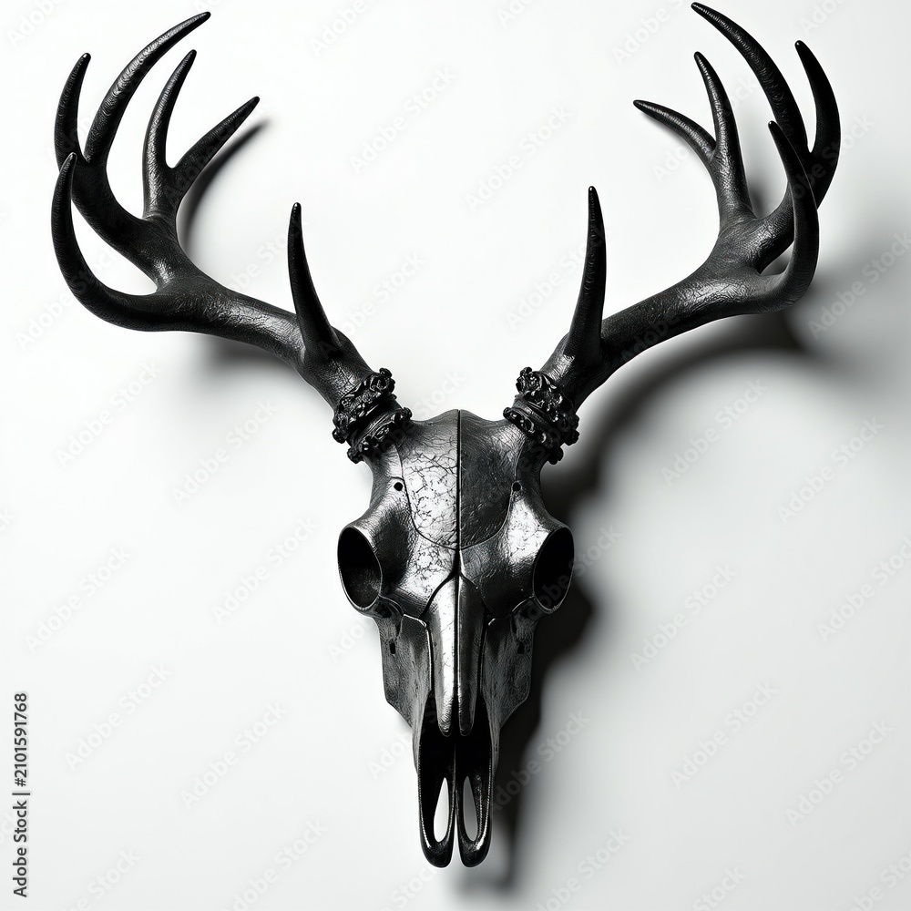 Fototapeta premium Black forged metal deer skull hangs on white wall. Industrial style animal head sculpture with textured iron antlers. Minimalist handcrafted rustic art piece for gothic home decor. Metallic trophy