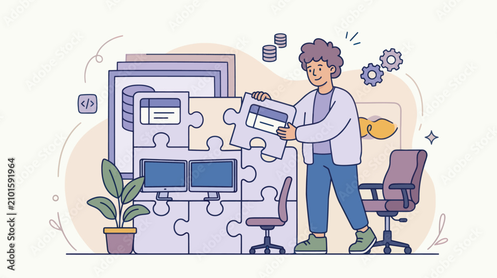 Fototapeta premium person completing a data puzzle with computers and office elements while working on business solutions