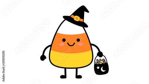 Slika na platnu Halloween Candy Corn Witch: A charming candy corn character dressed as a witch, complete with a pointy hat and a treat bag filled with candy, ready for Halloween festivities