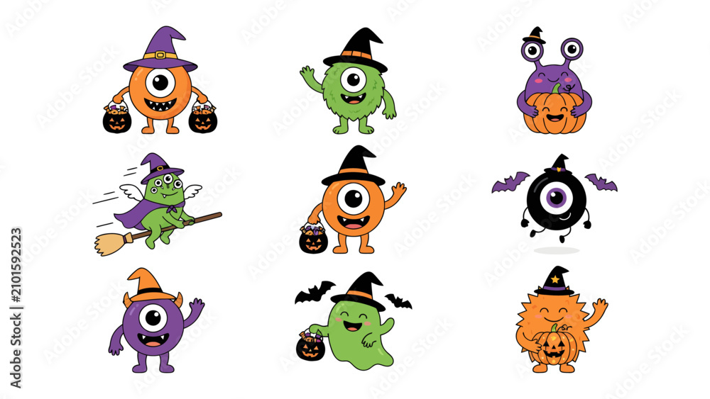 Fototapeta premium Halloween Monster Collection: A whimsical set of nine cartoon monsters and creatures, dressed in Halloween costumes like witch hats and carrying candy buckets, celebrating the spooky season.