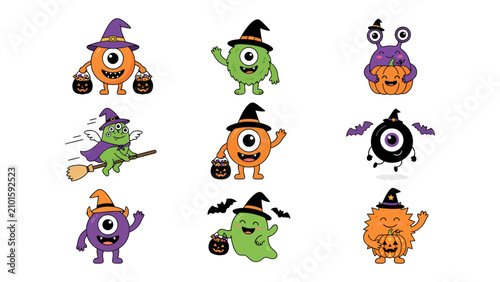 Photography Halloween Monster Collection: A whimsical set of nine cartoon monsters and creatures, dressed in Halloween costumes like witch hats and carrying candy buckets, celebrating the spooky season