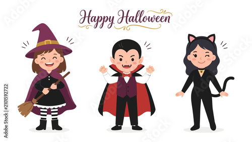 Cuadro en lienzo Happy Halloween Cartoon Trio: A cheerful trio of children in Halloween costumes, including a witch with a broom, a vampire with fangs, and a cat-girl, stand together ready for trick-or-treating