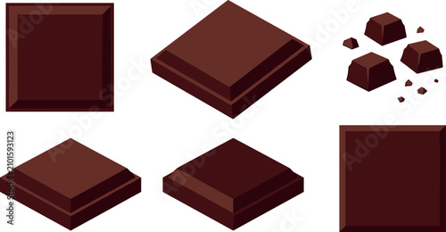 Fotografía Dark chocolate bar squares vector illustration set with isometric pieces and sma