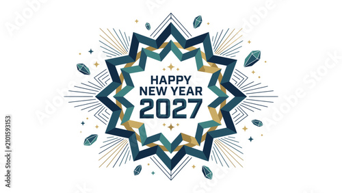 Foto Happy New Year 2027 Graphic: A stylized starburst design announces Happy New Year 2027 in celebratory fashion, featuring geometric patterns and abstract festive elements