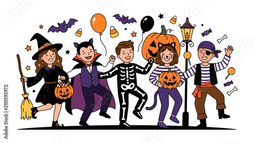 Foto Happy Halloween Parade: A joyous procession of children in imaginative costumes, including a witch, vampire, skeleton, cat, and pirate, celebrating Halloween with candy and festive decorations