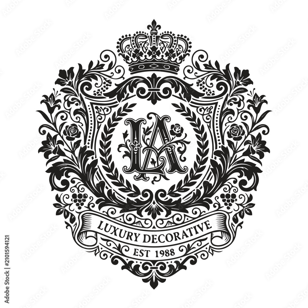 Fototapeta premium Vintage luxury decorative emblem with crown and lettering decorative ornament