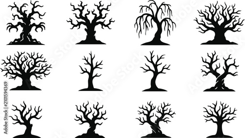 Bild auf Leinwand Collection of twelve black silhouettes of bare, leafless trees in various shapes