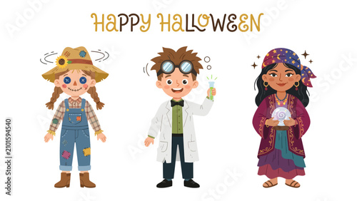 Foto Happy Halloween Kids: Three adorable kids dressed in Halloween costumes – a farmer, a scientist, and a fortune teller – stand ready for trick-or-treating, embodying the spooky fun of the holiday