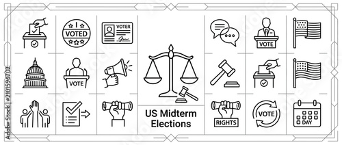 US Midterm Elections Icons: Voting, Justice, Rights, Government, Democracy
