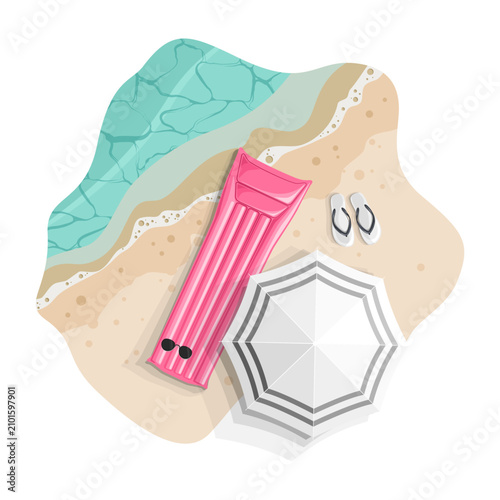 Cuadro en lienzo Beach umbrella and air mattress on sand by sea