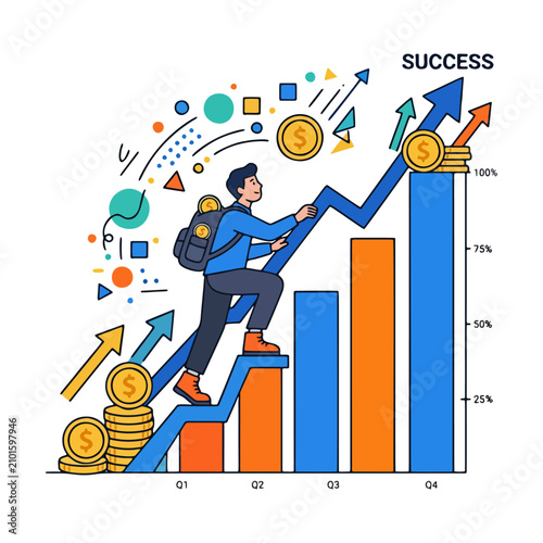 A minimalist flat vector illustration of a person climbing an upward graph with coins and arrows