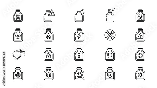 Принти на полотні Line icons of laboratory bottles with hazard and safety symbols