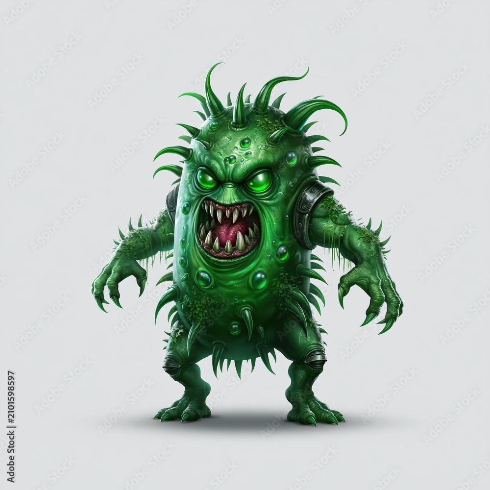 Fototapeta premium green monster character stands with sharp spikes and glowing eyes. It has an angry expression and claws. background is plain gray, highlighting the characters features