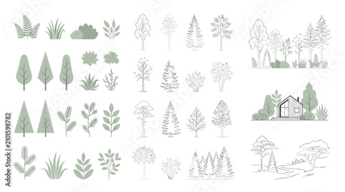 Minimalist tree and plant vector set with forest landscape scenes