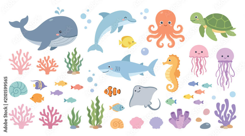 Obraz premium Set of cute sea animals and plants, vector illustration