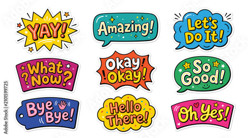 Set of colorful speech bubbles with positive phrases and expressions