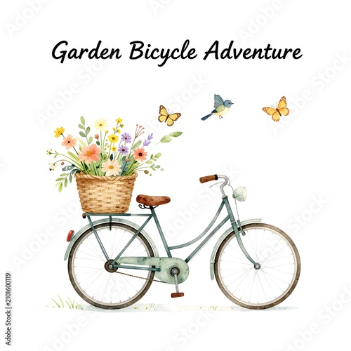 Vintage bicycle with flower basket in blooming garden. Retro bike parked among colorful spring flowers and butterflies.