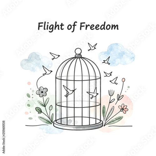Open birdcage releasing songbirds into freedom. Empty vintage cage with flying birds symbolizing liberation and new beginnings.