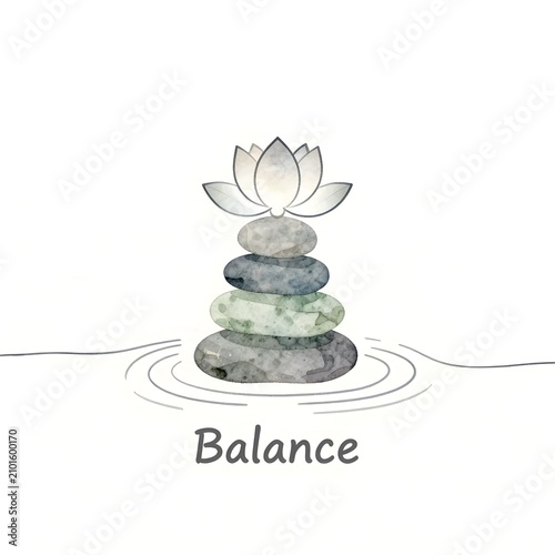 Stacked zen stones with lotus flower for mindfulness and meditation. Minimalist balance concept symbolizing harmony and inner peace in wellness des...