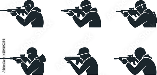 Foto A detailed collection of six dark silhouette vector icons depicting men aiming r