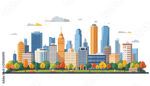 Modern city skyline with skyscrapers and urban parks. Flat vector illustration of sustainable metropolis with green spaces and cyclists.