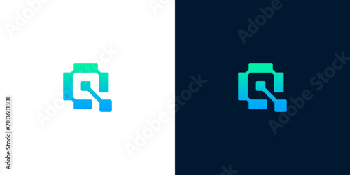 Modern abstract letter Q logo design, digitally inspired with interconnected elements forming a vibrant gradient, perfect for technology, data, network, or innovative business branding