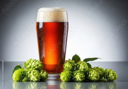 Fresh green hop cones scatter around a tall glass of cold amber craft beer with a foam head, highlighting the sharp bitterness of hops, organic, sharp, taste