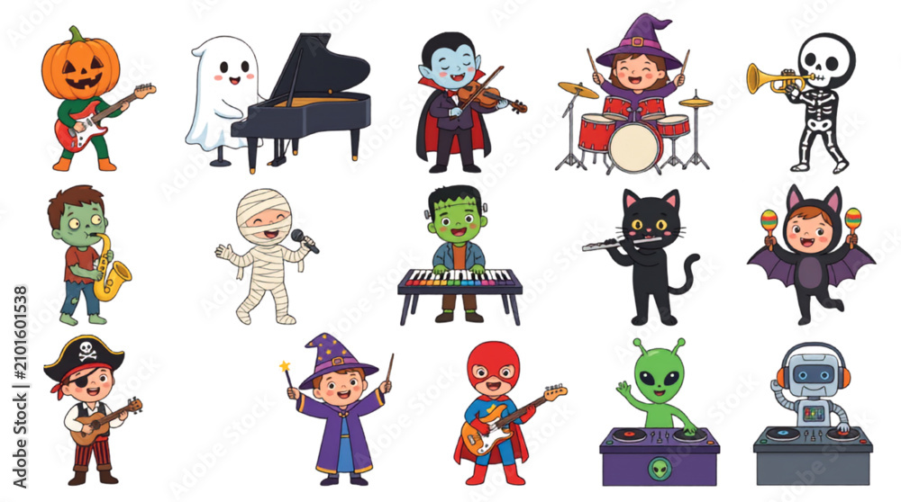 Fototapeta premium Cute Halloween Kids Music Band Characters Playing Musical Instruments Flat Vector Collection Isolated on Transparent Background