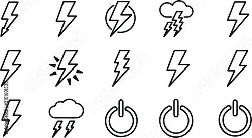 Bild auf Leinwand Electricity and weather icon set lightning bolts storm clouds and power buttons