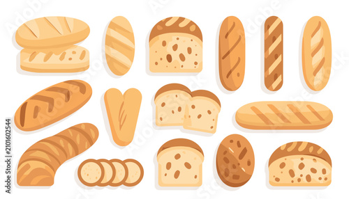 Foto Set of various types of fresh bread and bakery products in a flat cartoon style