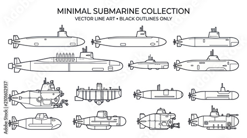 Fotografie Collection of diverse submarine vector line art silhouettes.