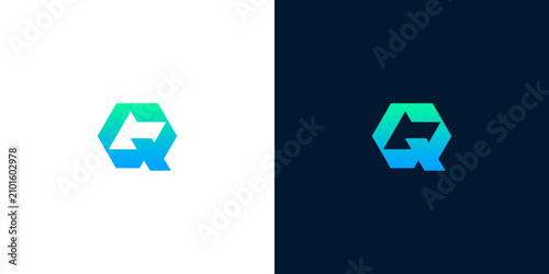Modern letter Q logo design template with hexagonal shape and blue green gradient