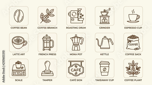 Fotografie Coffee production and roasting specialty thin line icons.
