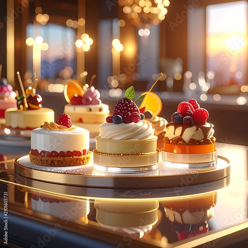 A selection of assorted desserts on a rotating tray in a modern cafe