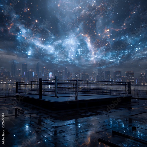 Boxing ring stands on a rooftop overlooking a city skyline under a dramatic swirling nebula at night.