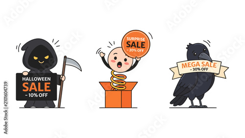 Photography Halloween Sale Illustration: Whimsical cartoon characters, including the Grim Reaper, a jack-in-the-box, and a crow, promote Halloween sales and discounts