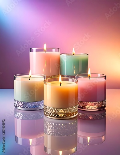 A serene arrangement of lit candles in colorful hues