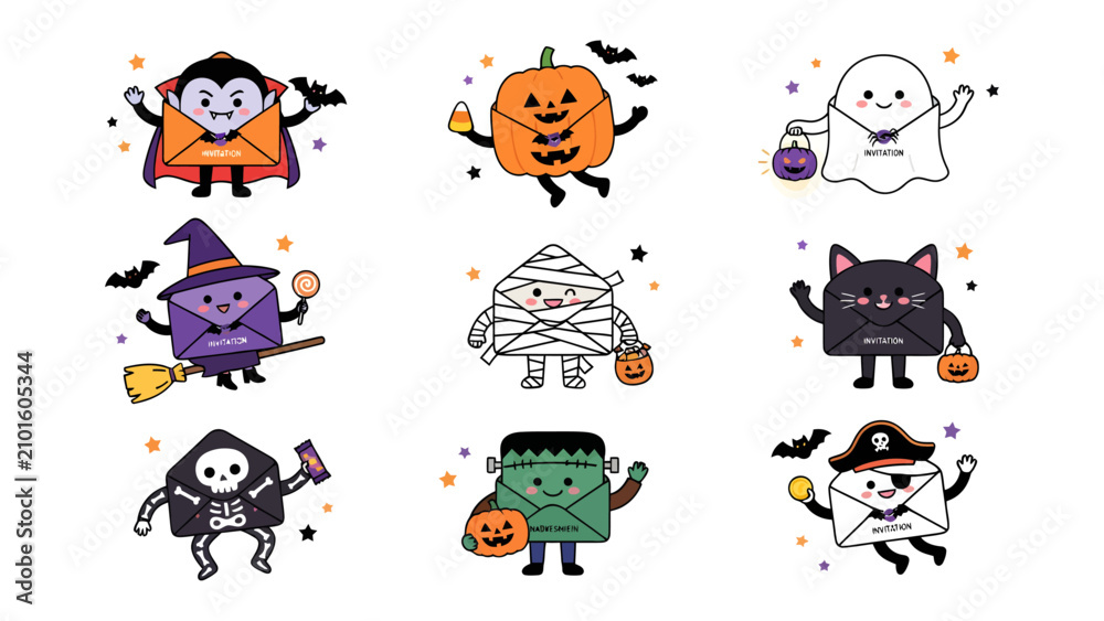 Fototapeta premium Cute Halloween Envelopes Set: A collection of adorable Halloween-themed envelopes dressed as classic monsters and characters, including a vampire, pumpkin, ghost, witch, mummy, black cat, skeleton.