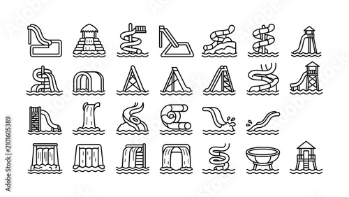 Black line icons of various water park slides and structures