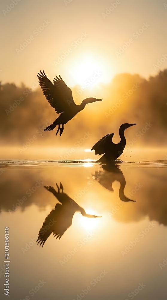 Naklejka premium Silhouetted waterfowl taking flight and wading in misty lake at golden sunrise, with reflections on calm water surface. Perfect for nature, wildlife, and inspirational projects.
