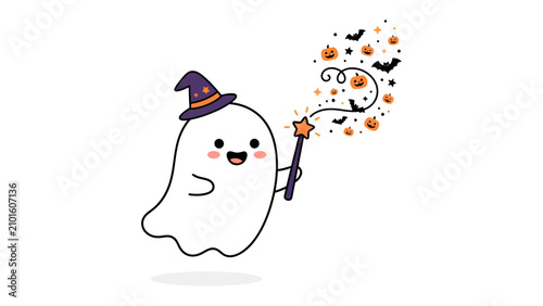 Foto Cute Halloween Ghost Casting Spell: A whimsical cartoon ghost wearing a witch hat and holding a magic wand, conjuring a swirl of pumpkins and bats