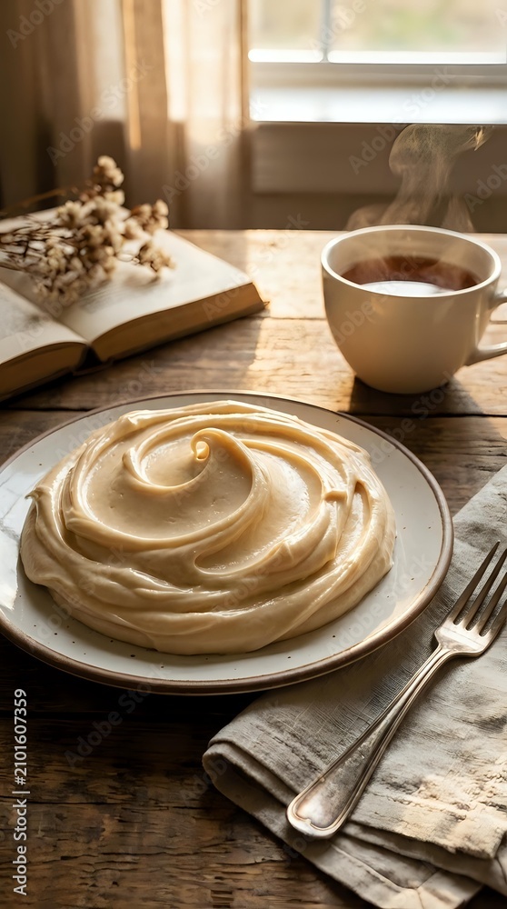 Fototapeta premium Cream-colored pastry swirl on white plate with fork, steaming coffee cup, open book with dried flowers, and window light for breakfast or dessert styling.