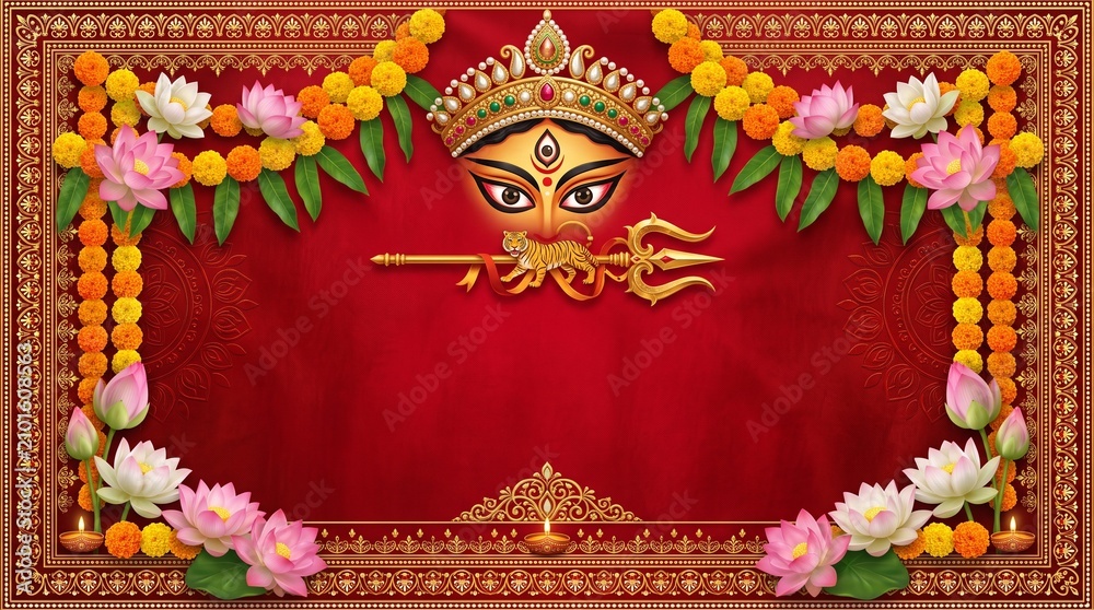 Obraz premium Durga Puja, elegant premium banner with artistic Goddess Durga eyes, trishul, lotus flowers, marigold garlands and traditional Bengal decorative borders framing a luxurious deep red background