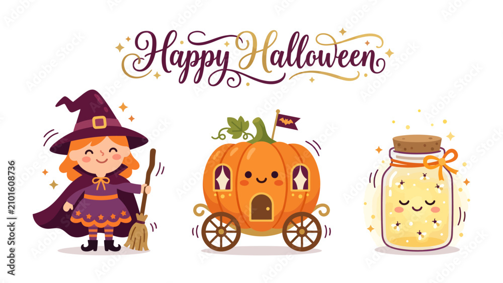 Fototapeta premium Happy Halloween: A cute cartoon witch with a broom, a pumpkin carriage, and a glowing jar with a smiley face, perfect for celebrating Halloween with a touch of magic and fun.